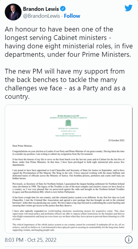 苏纳克就任英国新揆后,英内阁司法部长辞职