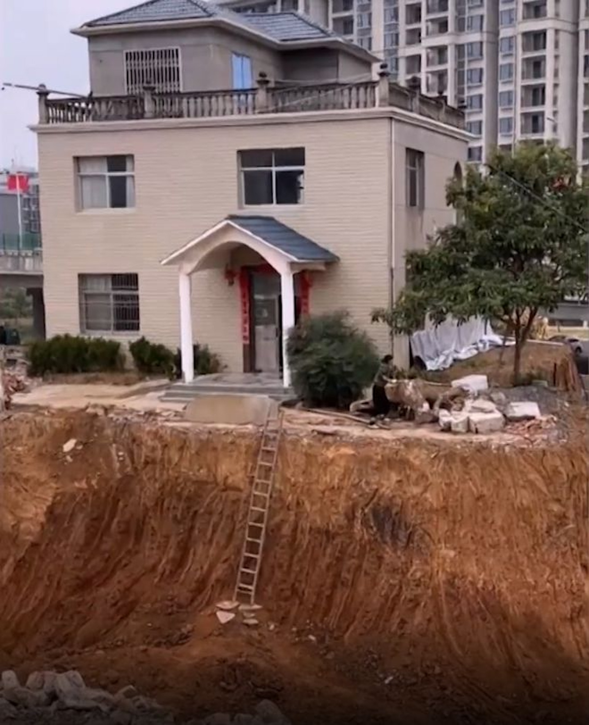 视频|最强钉子户 进出爬梯子 屋主不愿拆迁 别墅变孤岛