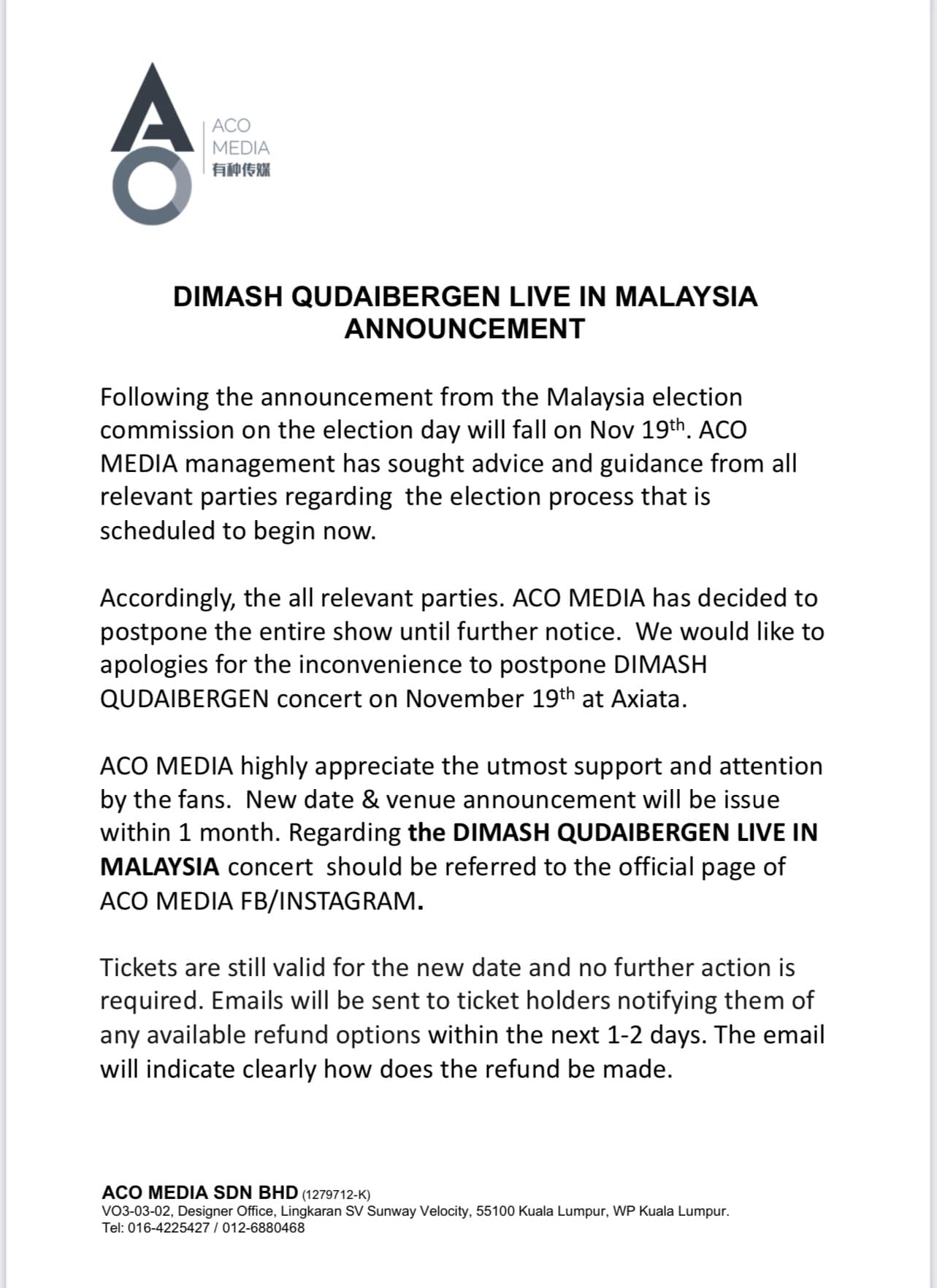 让大马子民履行责任 主办方展延迪玛希演唱会