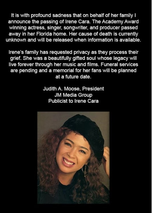 《闪舞》主唱艾琳卡拉逝世 　终年63岁