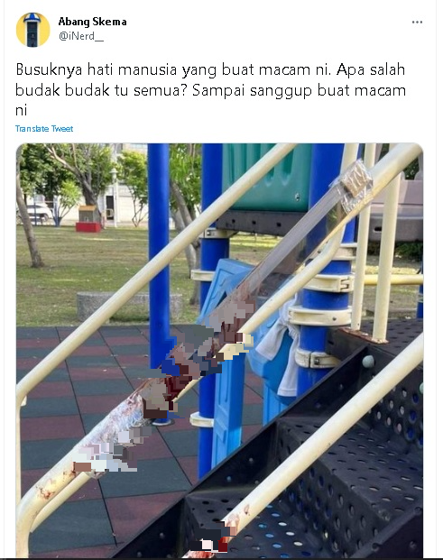 儿童游乐场被绑刀还血迹斑斑·本地父母感惊慌 其实是台湾旧闻