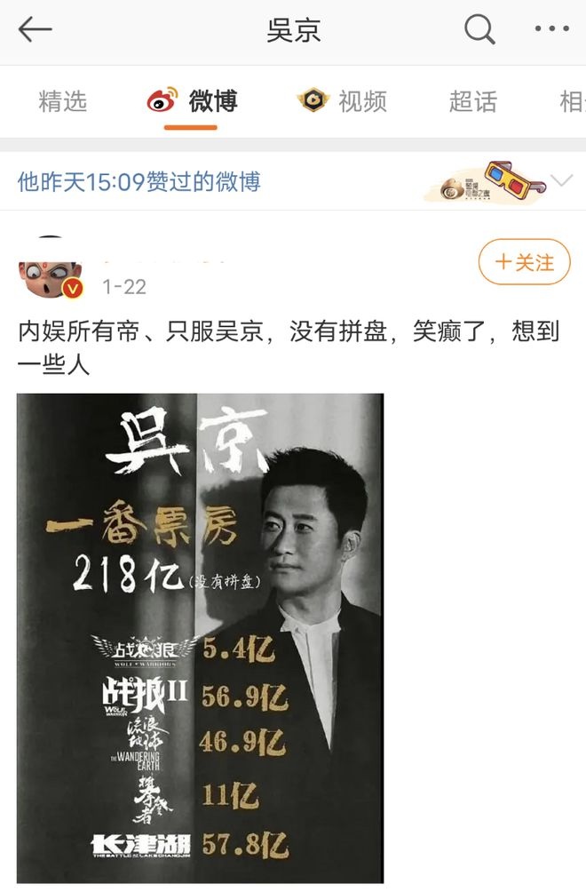 吴京手滑了 点赞自己票房称帝