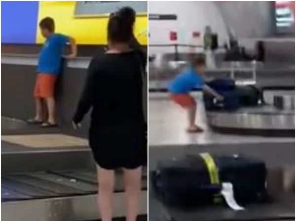 小孩大闹行李输送带 听广播“警察来了”秒变乖