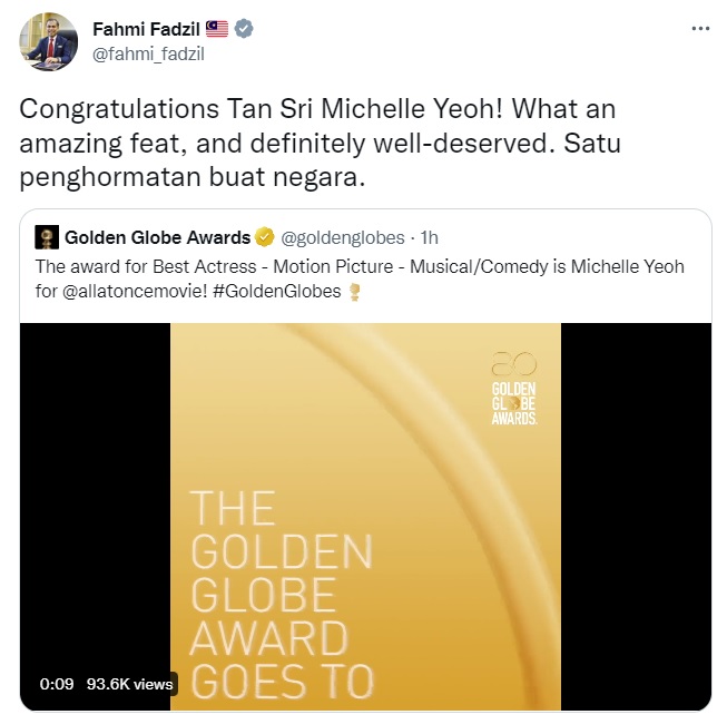 杨紫琼金球奖封后 法米：了不起 当之无愧！