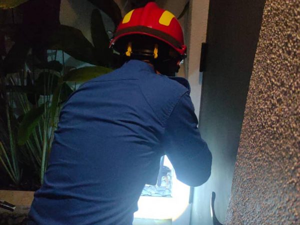 民防部队在安华位于双溪毛糯私邸的守卫亭处，捕获一条黑色眼镜蛇。 (民防部队脸书)