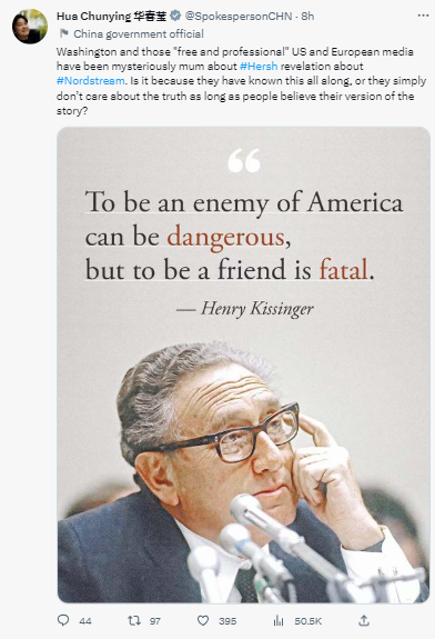 华春莹发推批欧美媒体对“美被曝炸北溪”保持沉默