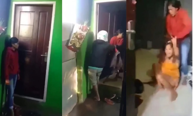 妻子上门抓奸 丈夫惊慌逃 丢下小三被暴打