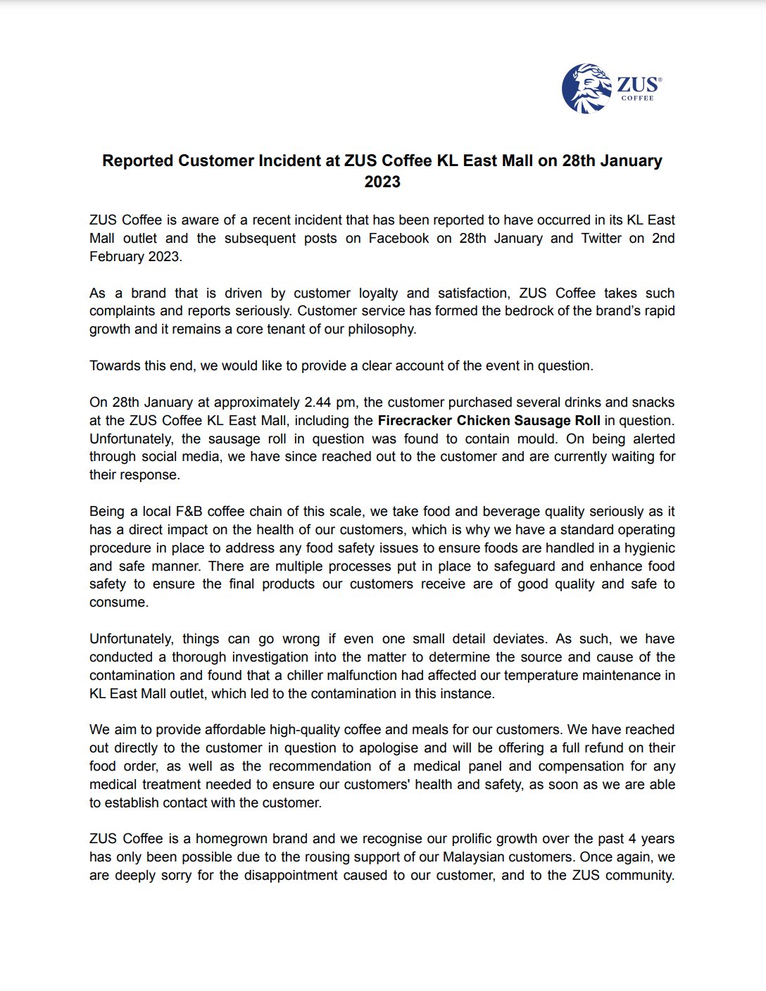 恶心!顾客吃发霉香肠面包 Zus Coffee:冰箱坏了导致