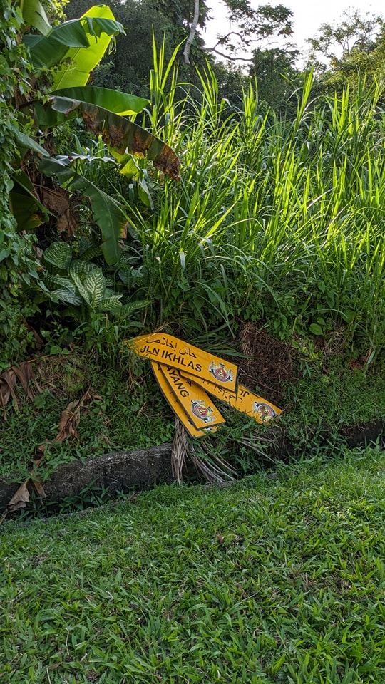 柔:新闻:宵小偷路牌铁柱 路牌丢草丛