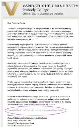 用ChatGPT写电邮挨批 美范德堡大学2教职员停职