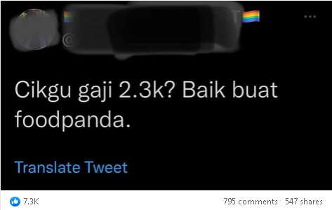老师薪水RM2300不如当送餐员？老师回怼：“教育孩子积福气！”