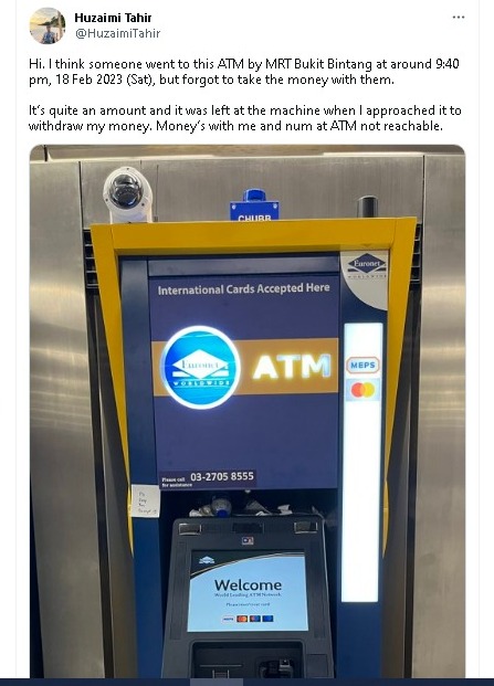 路不拾遗!MRT站提款机捡钞票 好心男上网找失主