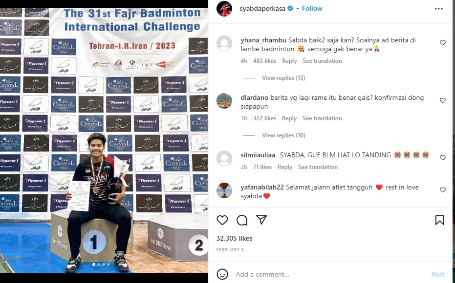 今年伊朗赛才挫贺首维夺冠  印尼男单沙布达车祸逝世