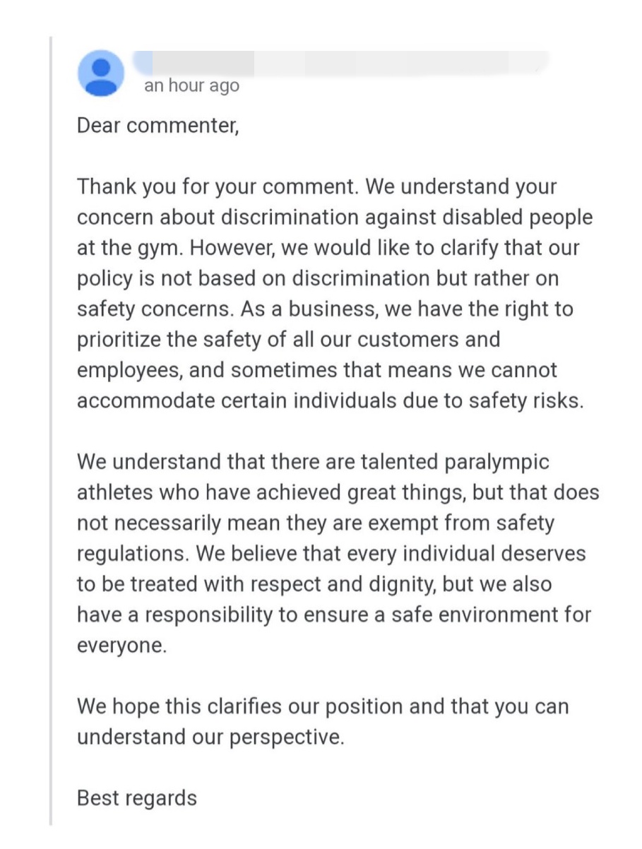 坐轮椅被禁入健身房  经理：“这里不适合你们”