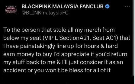 坐VIP座位 商品也被偷 Blackpink粉求归还“很辛苦存钱买的!”