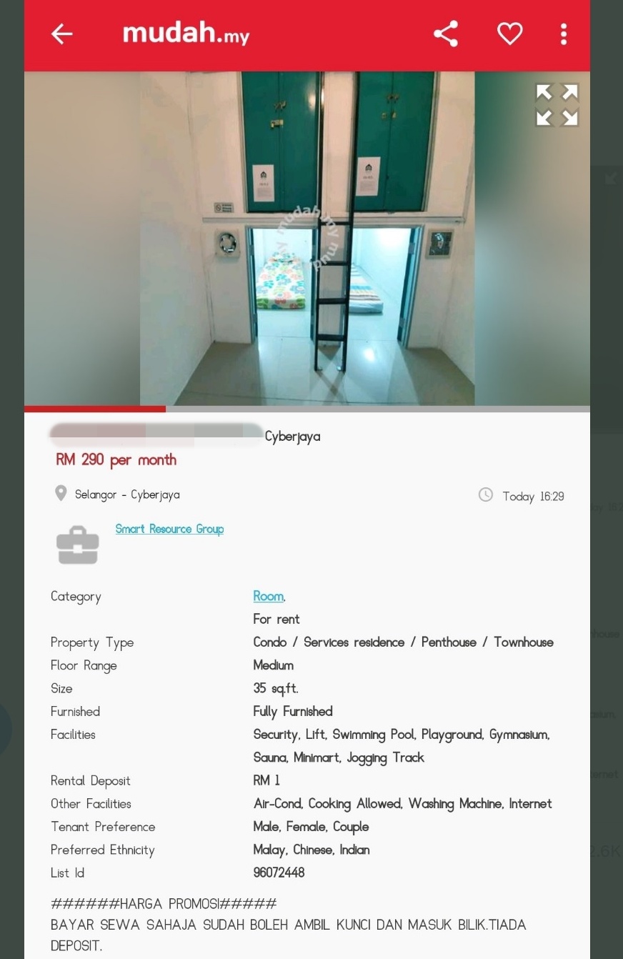 大城市房租好吓人 “如仓鼠笼房都要RM700?”