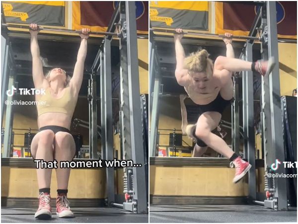 女子拍TikTok特技挑战 卡单杠上惊恐20秒