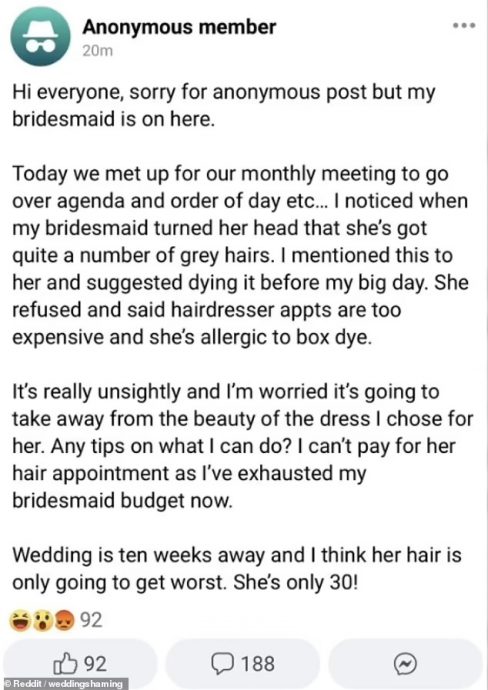 “她才30岁就有白发” 准新娘:很担心破坏我为她选的伴娘裙