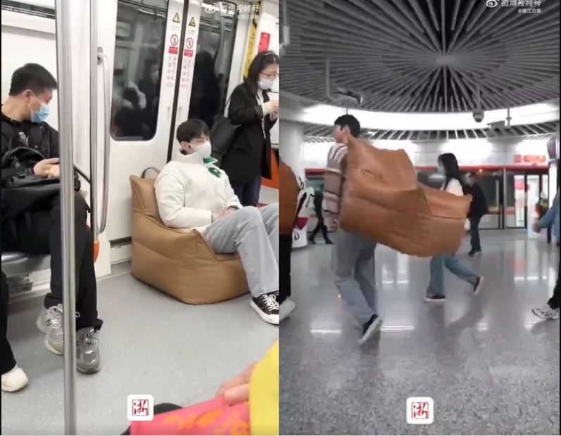 拚图)常抢不到座位!他自备「订制沙发」搭地铁