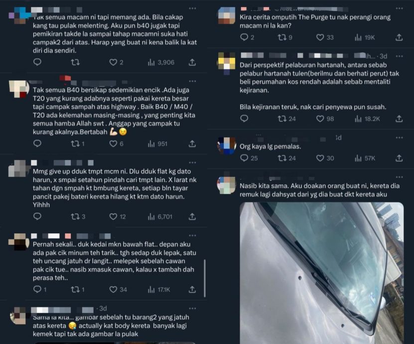 男子伤心爱车被“天降”垃圾砸坏 骂“住人民组屋没钱又懒惰!”