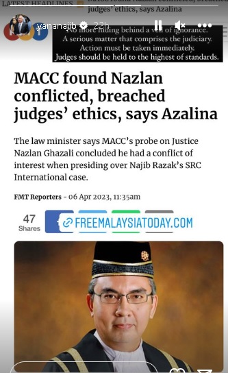 纳吉女儿促政府对付纳兹兰 “他违反法官道德守则了”