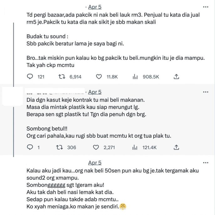 老伯排长龙买RM3食物 小贩不爽:不卖,至少RM5!