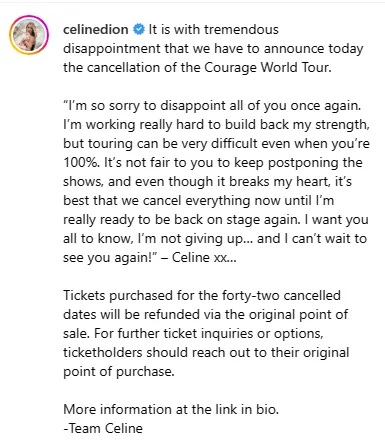 席琳狄翁健康问题 取消2023至2024年剩余演唱会