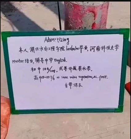 拚盘/河北硕士流浪汉路边教英文 收费1小时3令吉 可用蔬果抵