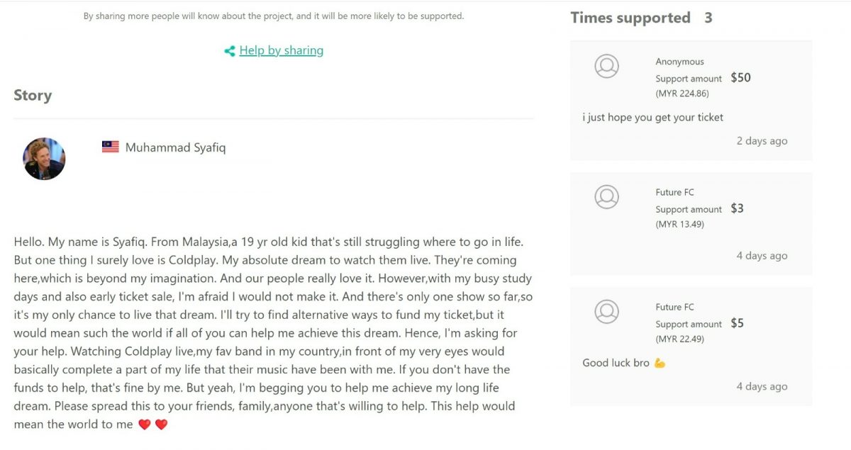 没钱但想买Coldplay VIP票 19岁男子众筹RM3600被骂太贪心!