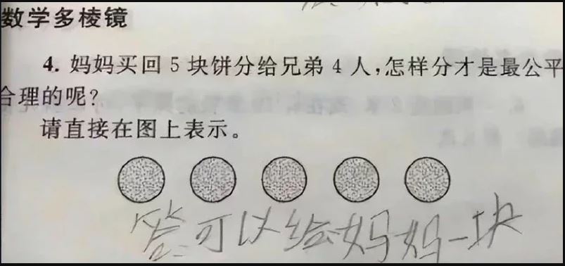 拚盘／数学考“5块饼4兄弟怎么分最公平” 小学生答错却感动众人获满分