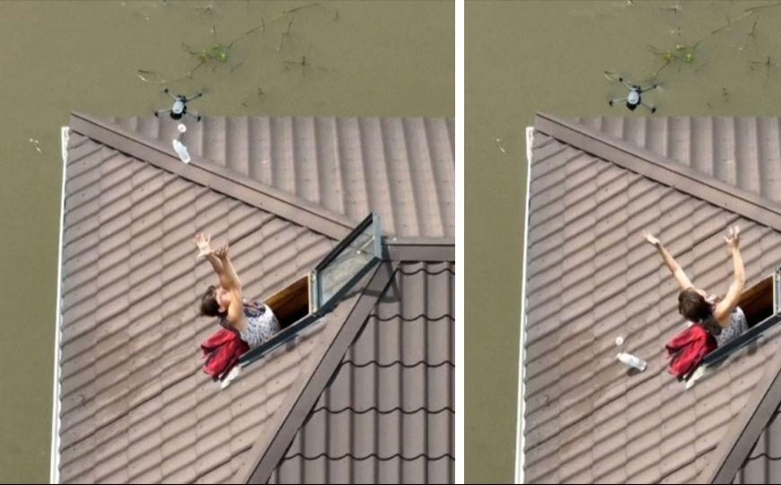 明报两字请去掉∕配头,两图)俄控区民房水淹 乌军无人机送水 灾民屋顶伸手接