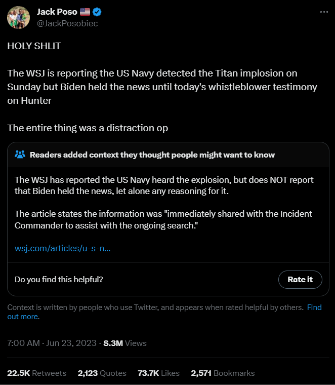 求真,“泰坦号”潜水器内爆 拜登隐瞒内情?POLITIFACT:无稽之谈