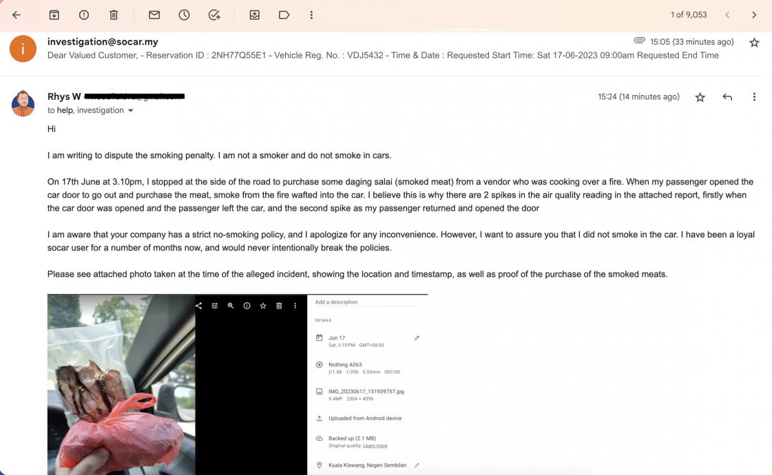 车上有烟味误为抽烟罚RM100 男子喊冤“烟熏牛肉惹的祸”