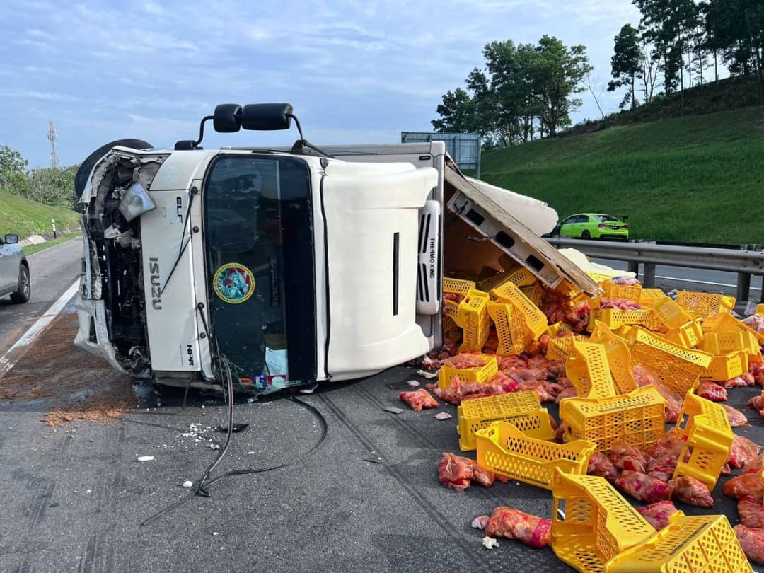 柔:新闻:货车与汽车相撞侧翻 冷冻鸡散满路面