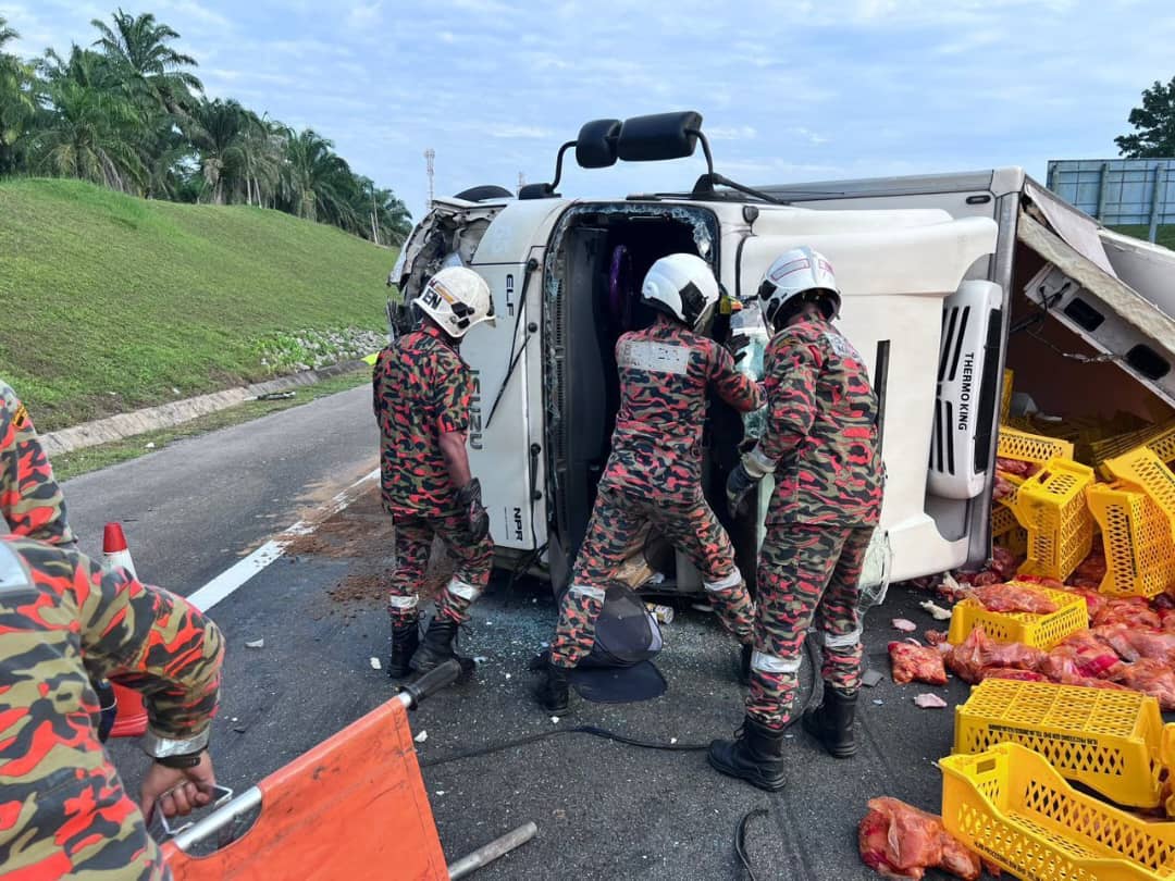 柔:新闻:货车与汽车相撞侧翻 冷冻鸡散满路面