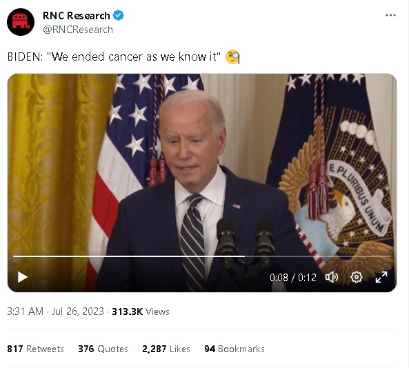 求真 美国总统拜登提及“已终结癌症”的口误谈话被抓包