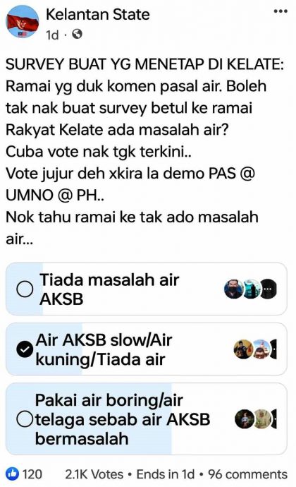 东:《黑白讲》脸书针对丹州水供问题进行民调,希盟哥打拉玛候选人哈菲莎医生也进去留言,表示民调结果显示,水供问题很严重。