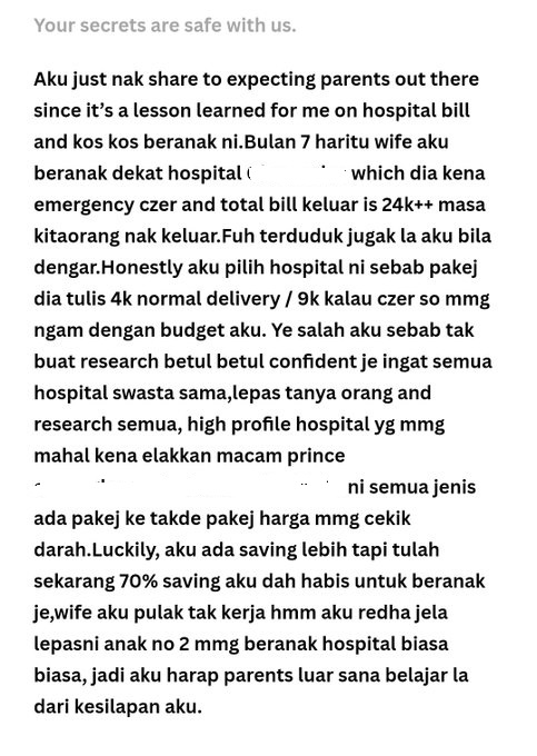  ​新手爸爸叹生一胎耗尽70%积蓄  网民：政府医院剖腹产不到RM2000