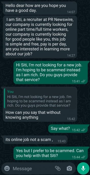“茜蒂”讯息介绍工作 男子趣回:“不要工作 请骗我钱”