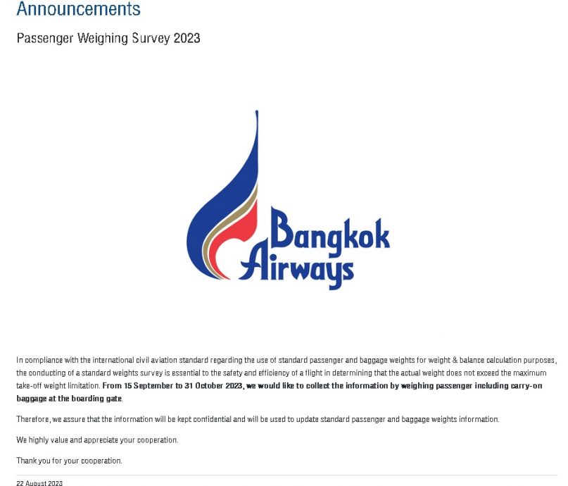 为确保飞行安全性 曼谷航空将对乘客称重
