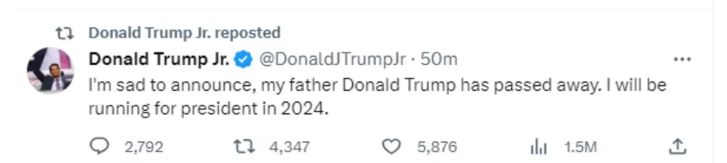 特朗普长子发文悲痛宣布「父亲过世」 发言人澄清:帐号被骇