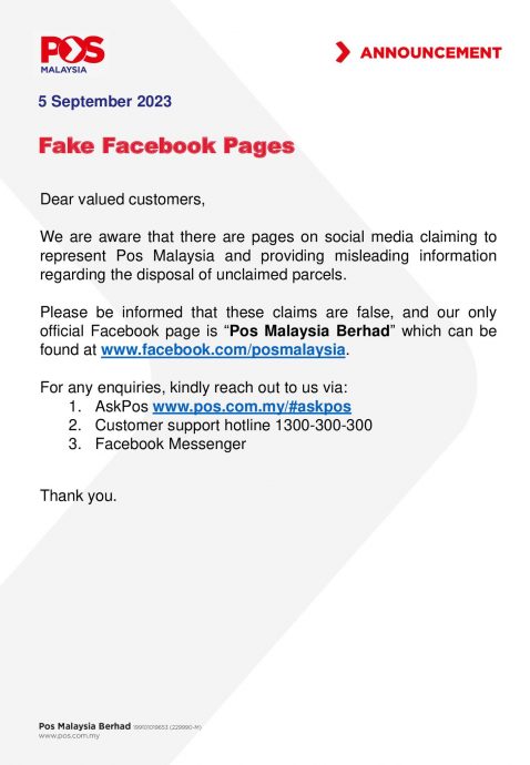 POS Malaysia:谨防假冒脸书