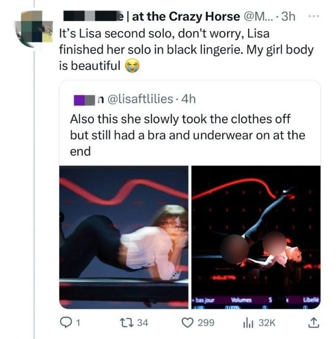 Lisa疯马秀脱剩内衣丁字裤 Jisoo害羞不敢看!