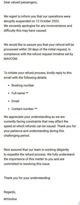 30天内处理乘客提交退款申请 MYAirline澄清:非30天内退款