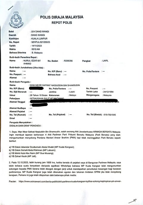 国盟议员被指遭贿赂支持安华 土团议员昨已报警