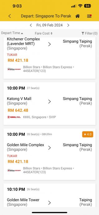 明年农历新年车票涨价?网民:狮城返霹雳最低价RM421