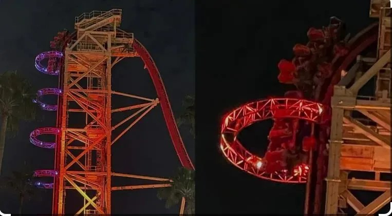 美国奥兰多环球影城过山车故障 游客90度离地50公尺被困1小时