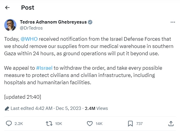 世衞指以军要求其“24小时内清空”加沙南部医疗仓库 
