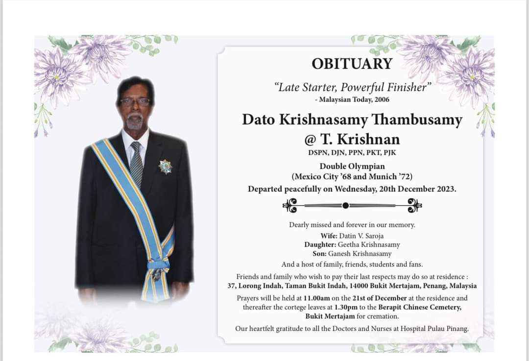 曾代表大马2度征战奥运会 田径名宿克里斯南沙米逝世