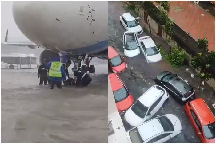 气旋挟暴雨来袭！印度机场跑道淹水　路变漂漂河“冲走一排车”
